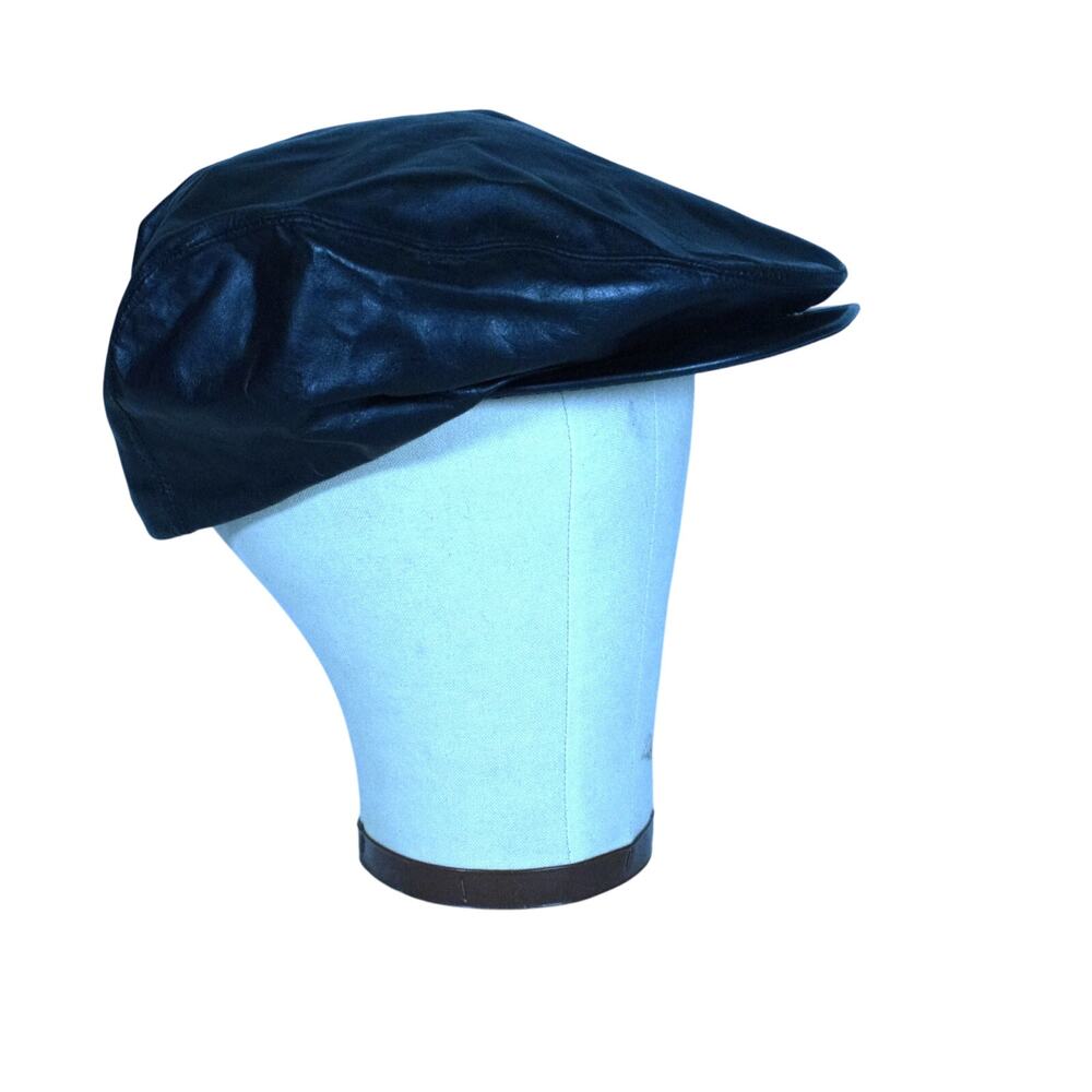 Vintage Black Genuine Leather Newsboy Hat Sima Int Sz XL Cabbie, Golf, Driving